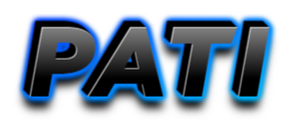 3D text in black and grey gradient with a blue gradient outline saying PATI